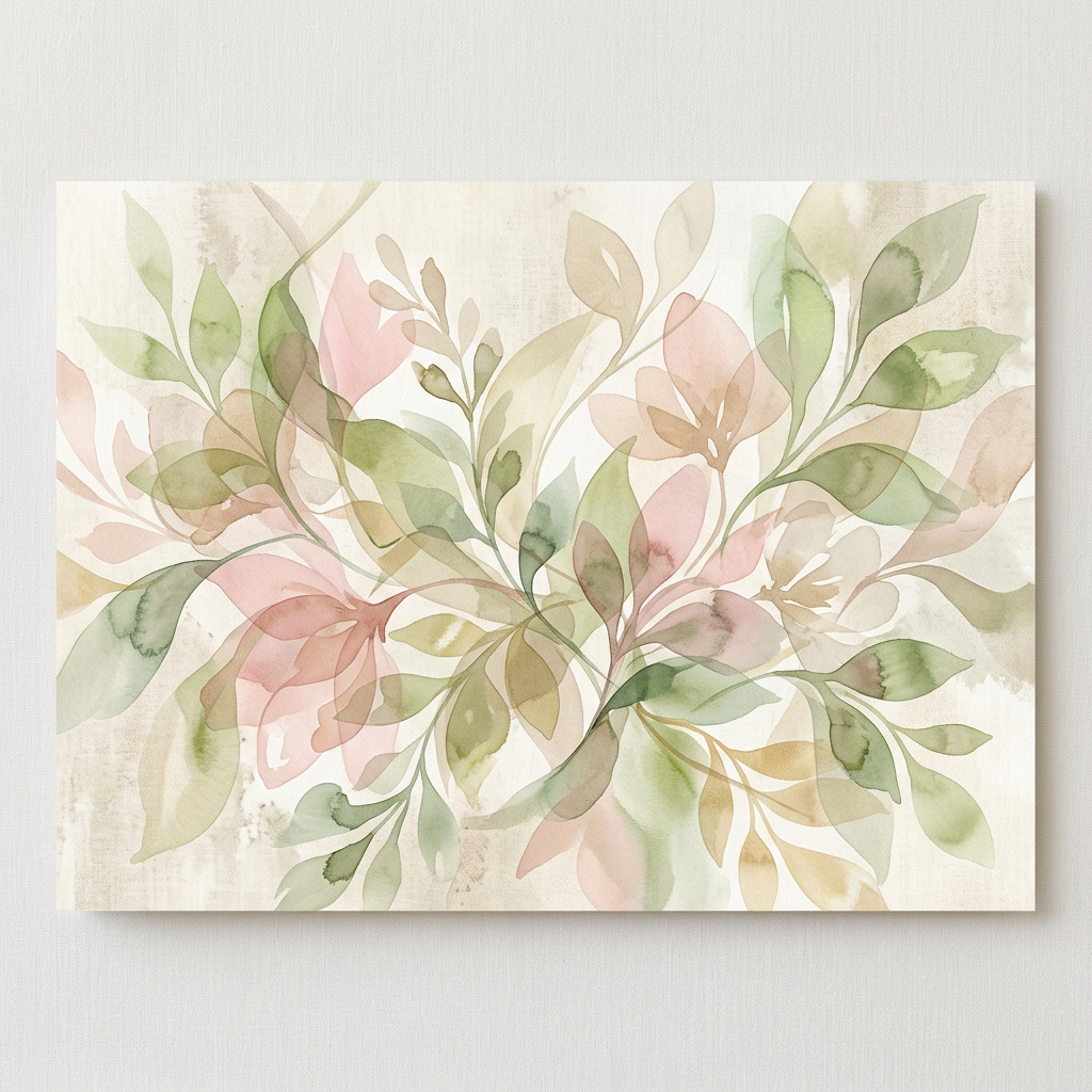Watercolor painting of overlapping leaves and flowers in green, pink, and beige shades